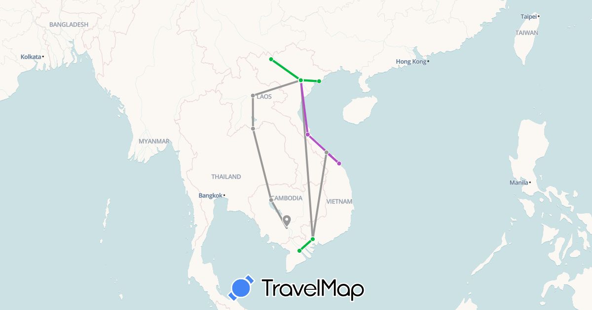 TravelMap itinerary: driving, bus, plane, train in Cambodia, Laos, Vietnam (Asia)